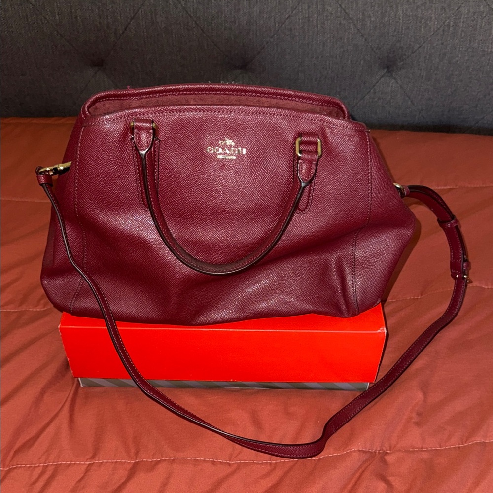 COACH Burgundy Pebbled Leather Satchel with Gold Hardware
